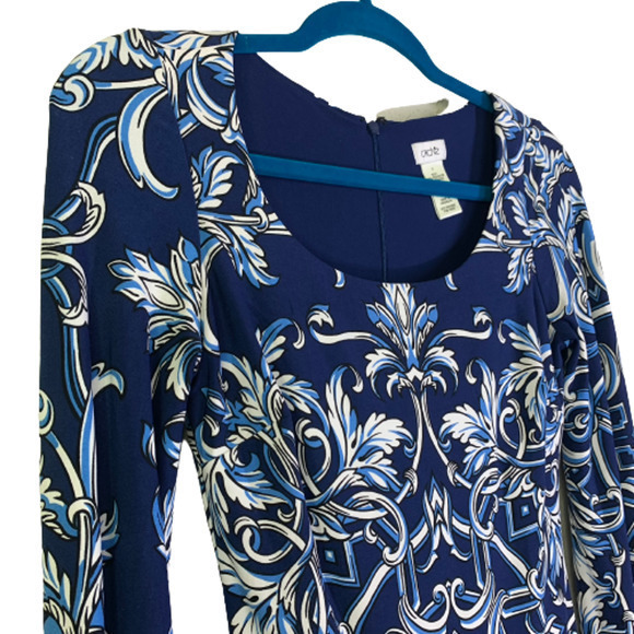 CACHE Navy Blue & White Filigree Print Long Sleeve Dress - Picture 3 of 11